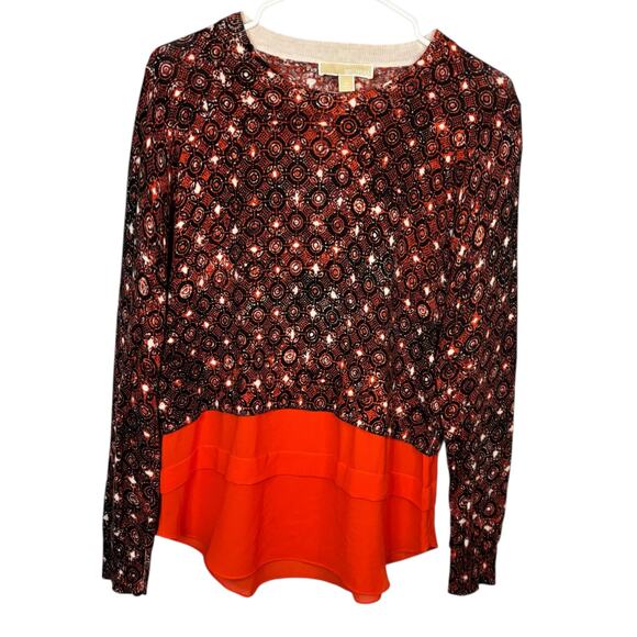Michael Kors Geometric Print Layered Blouse Sweater Top M Red Orange Mix - Picture 2 of 9